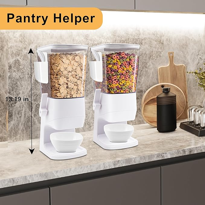 Cereal Dispenser Countertop 2Pcs, 3.2L Cereal Containers Storage Snack Dispenser with Bowls Spoons Cutlery Box, Dry Food Dispenser for Pantry, Storage Grains, Oatmeal Nut, Granola, White