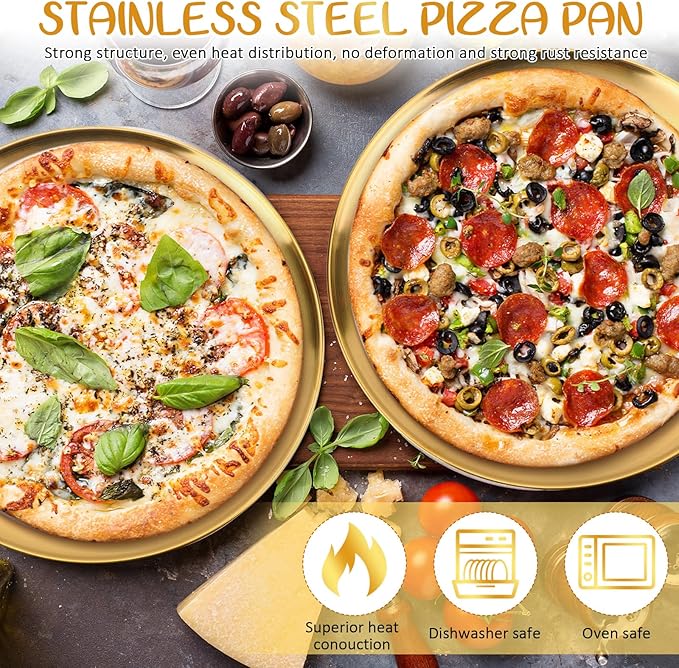 Domensi 7 Pcs Pizza Pan Riser Stands Sets Includes Tiered Tray Stand Stainless Steel Pizza Pan and Wood Handle Knife for Tables Party Restaurant (Gold)