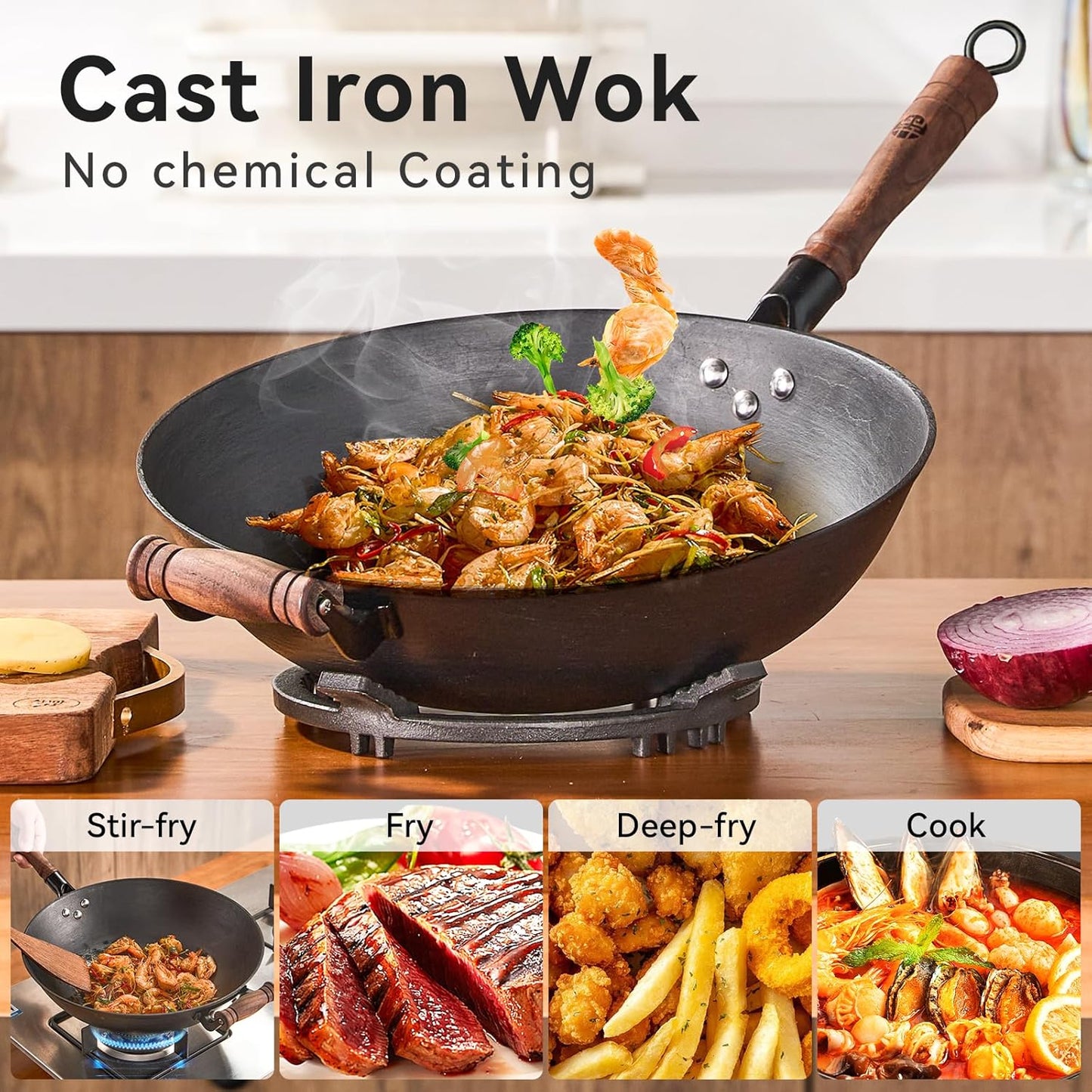 WANGYUANJI Cast Iron Wok,13.4 inch Flat Bottom Wok with Glass Lid,Suitable for All Cooktops, Uncoated Craft Pot Healthy Cooking Pot