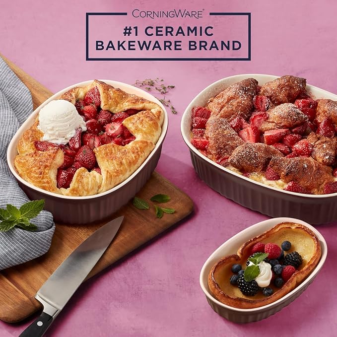 CorningWare Ceramic Bakeware Set with Lids Chip and Crack Resistant Stoneware Baking Dish, Microwave, Dishwasher, Oven, Freezer and Fridge Safe, 6-Piece French Cabernet