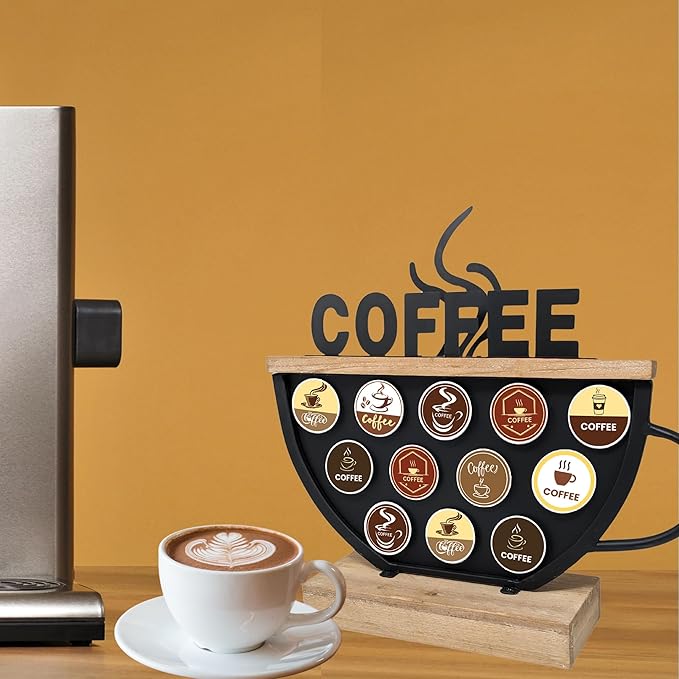 Black Coffee Pod Holder compatible with K-Cups – Metal & Wood Coffee Bar Functional Décor, Café Station Countertop Storage, Space-Saving Coffee Rack, Great Gift for Coffee Lovers, Home, Office, Café