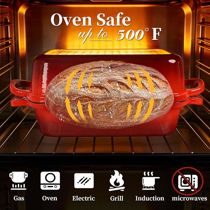 FUNKYLEE Enameled Cast Iron Bread Pan with Lid, 2-in-1 Loaf Pan for Baking Bread 8.5x4.5, Professional Sourdough Bread Pan for Homemade Bread, Set of 2, Red