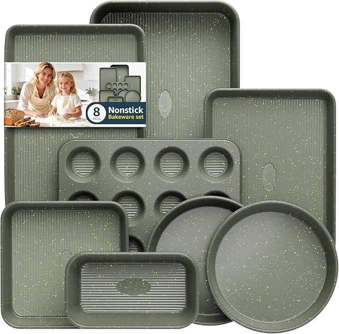 8-Piece Nonstick Bakeware Set, Stackable Oven Pan Set Includes Baking Sheet, Muffin Pan, Cake Pan, Square Pan, Loaf Pan, Cookie Sheet & Cooling Rack (Ceramic Coated Green)