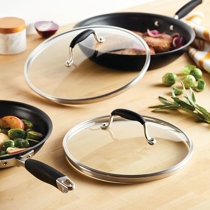 Anolon Advanced Home Glass Lids, Stainless Steel and Silicone Handles, 2 Piece, 10 Inch and 12 Inch Lid Set, Onyx