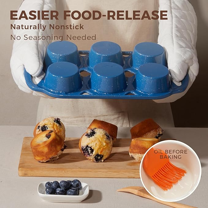 HONGBAKE Everline Collection Enameled Cast Iron Muffin Pan, Non Tocix Naturally Muffin Tin 6, Non Stick Cup Cake Pans for Baking, Oven & Stovetop Safe, Standard Size, 2 Pack, Blue