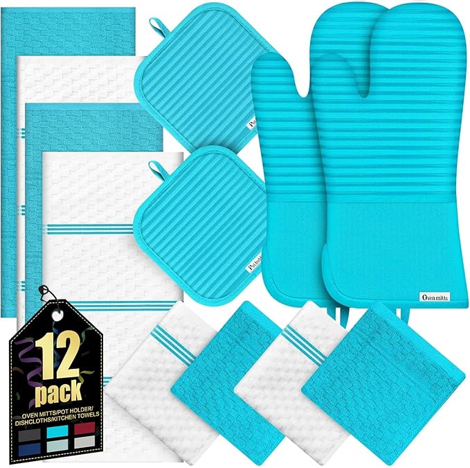Oven Mitts Kitchen Towels and Dishcloths with Pot Holders Sets, Oven Gloves Hot Pads 500°F Heat Resistant with Silicone Grip, Include 2 Cooking Gloves/2 Potholders/4 Kitchen Towels/4 Dish Towels