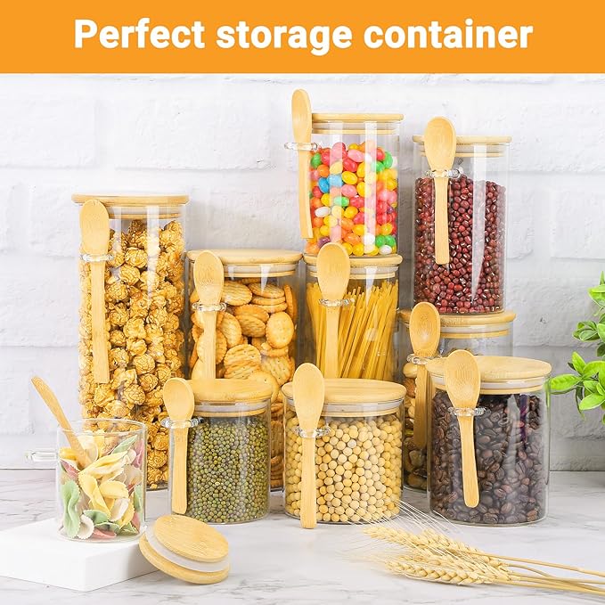 Glass Jars with Airtighr Lids - 6 Pack 6 Fl.oz Round Glass Jar with Bamboo Lid and Spoon, Includes Labels and Marker, Pantry Storage Containers for Spice, Overnight Oat, Sugar Coffee Canister