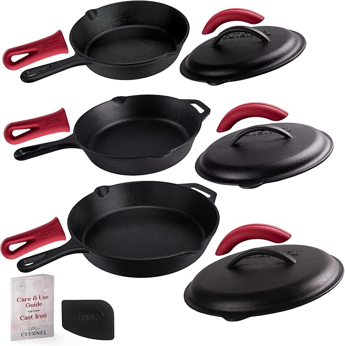 Cuisinel 12" + 10" + 8"-Inch Cast Iron Skillets Set with Braiser Lids + Silicone Handle Grips + Pan Scraper - Indoor/Outdoor Pre-Seasoned Kitchen Cookware - Oven, Fire, Stove Safe