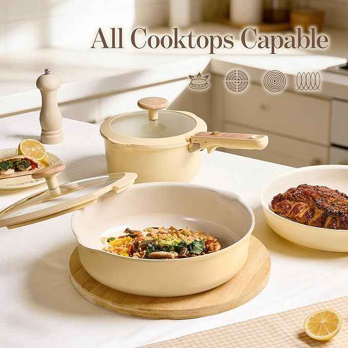 CAROTE 18 Pcs Ceramic Cookware Set Detachable Handle, Non Toxic Pots and Pans Set Non Stick, Induction Kitchen Cookware Removable Handles, Oven Safe, Stackable RV/Camping Cooking Set, Yellow