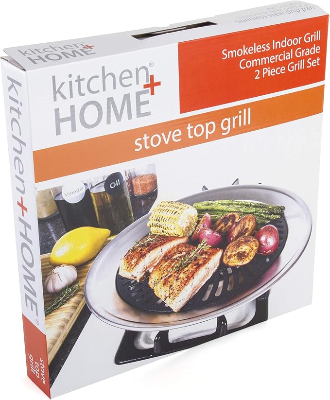 Kitchen + Home Stove Top Smokeless Grill Indoor BBQ, Stainless Steel with Double Coated Non Stick Surface