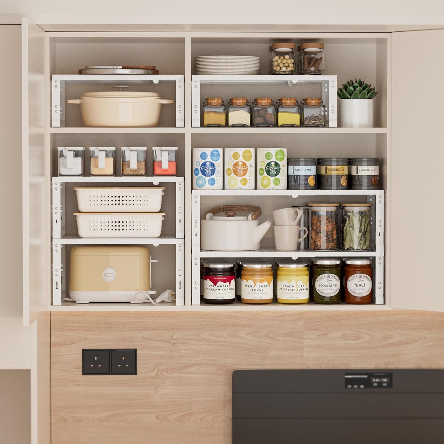 Heavy-Duty Adjustable Metal Shelf Organizer - Expandable & Stackable Pantry Storage Rack for Kitchen, Bathroom, RV, Cabinets(2 Packs/White, Medium)