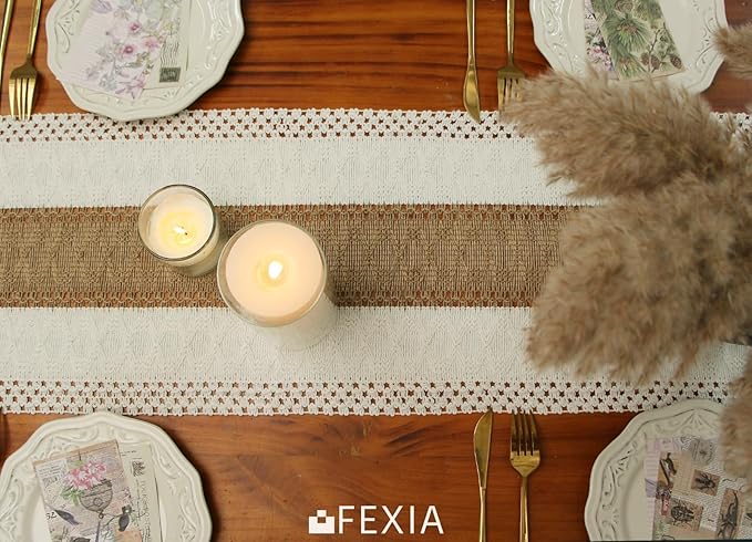 FEXIA Boho Table Runner 108 Inches Long for Christmas ThanksgivingHome Decor Farmhouse Table Runner Cream & Brown Rustic Macrame for Bohemian Dining Bedroom Decor Bridal Shower (12x108 Inches)