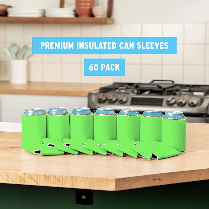 Blank Beer Can Cooler Sleeves (60-Pack) - Soft Insulated Coolies, HTV Friendly Koolies in Bulk for Cans & Bottles - Coolie Blanks for Vinyl Projects & Wedding Favors (Lime Green)