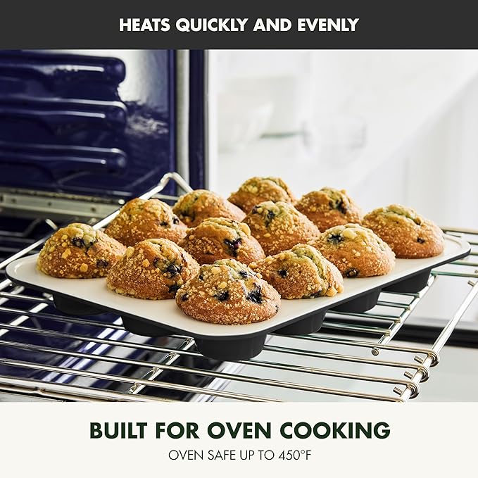 GreenPan Bakewell 12-Cup Muffin Pan, Healthy Ceramic Nonstick Bakeware, PFAS-Free Cupcake Mold, Durable Baking Tray, Versatile Kitchen Essentials, Easy Clean Ovenware, Black