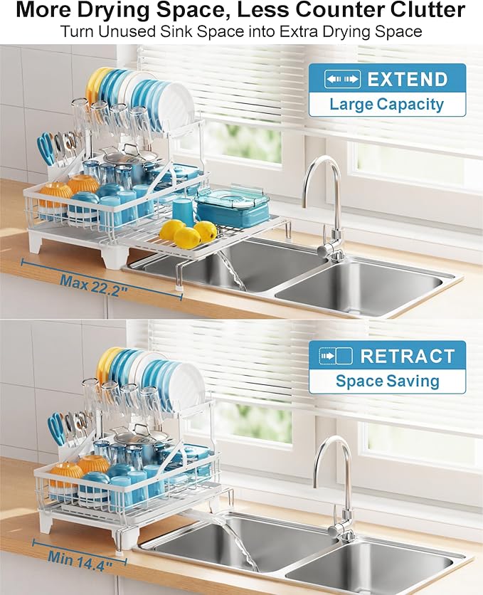 GSlife Large 2 Tier Dish Drying Rack, Expandable Heavy-Duty Dish Rack for Kitchen Counter, Rust-Resistant Dish Drainer with Utensil & Cup Holder, Auto-Drain, 16.9" W x 14.4"-22.4" L, White