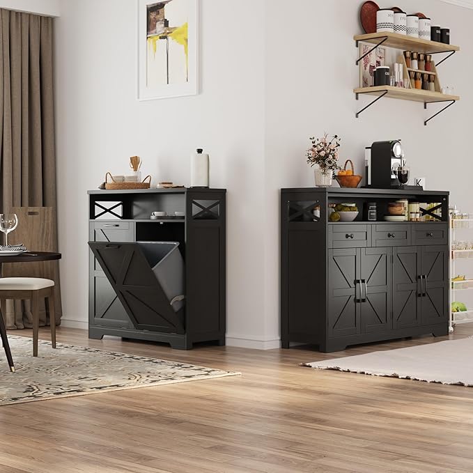 Befrases Double Tilt Out Trash Can Cabinet for 13 * 2 Gallon Garbage Can, Farmhouse Kitchen Garbage Trash Bin for Hidden Laundry Basket, Dual Dog Proof Recycling Cabinet for Dining Living Room, Black