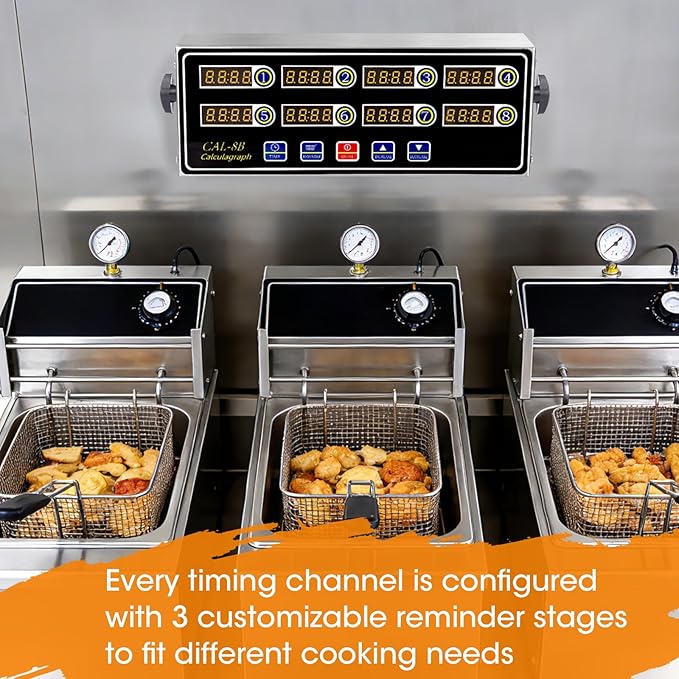 8-Channel Kitchen Timers for Cooking, Commercial Digital Timer with Independent Countdown Timers, Adjustable Volume, Stainless Steel Cooking Timer for Food Fryer, Restaurants, Baking