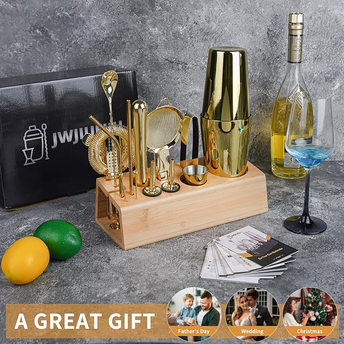 Cocktail Shaker Set Bartender Kit with Bamboo Stand, 15-Piece Stainless Steel Bar Set Accessories, Professional Bartending Kit Home Bar Tools Set with Recipes (Gold, Natural Wood Stand)