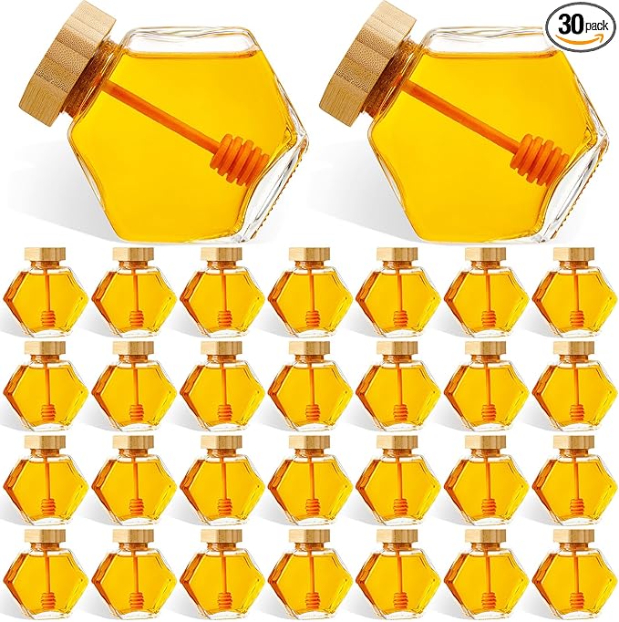 Sunnyray 30 Pcs Glass Honey Jars with Dipper Hexagonal Clear Glass Dispenser Small Honey Containers Bottle with Wooden Dipper and Cork Lid for Home Storage Kitchen (220 ml)