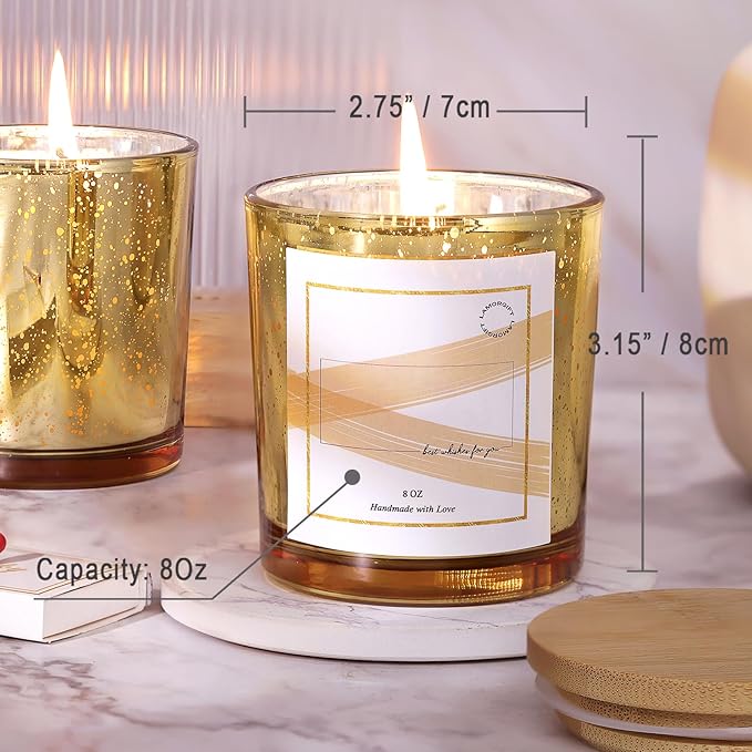 LAMORGIFT 15 Pack Glass Candle Jars With Lids (8oz, Gold) - Empty Containers for Making Candles - Mercury Glass Jars With 20 Pcs Labels - Accessories Included