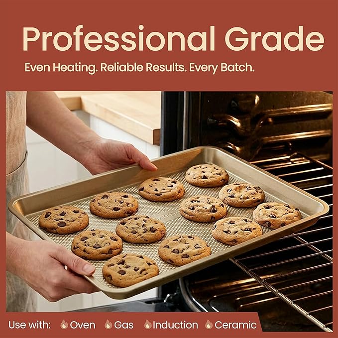 Diamond Bottom Cookie Sheet Set of 3, Nonstick Gold Carbon Steel Baking Pans for Crisp Baking, Space-Saving Stackable Trays, PFOA, PFOS, PTFE Free, Oven Safe Up to 450°F, Small, Medium & Large Sheets