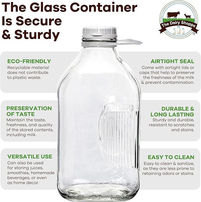 The Dairy Shoppe Heavy Glass Milk Bottles - Jugs with Lids, Silicone Pour Spouts - Clear Milk Containers for Fridge - Reusable Glass Milk Jug Dispenser - Made in USA (64 oz, 4 Pack)