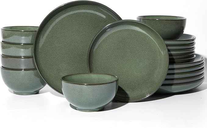 Stoneware Dinnerware Sets for 6, 18 Piece Microwave Safe Plate and Bowl Set, Easy to Clean & Durable Dishes Sets for Small to Medium Families, Forest Green