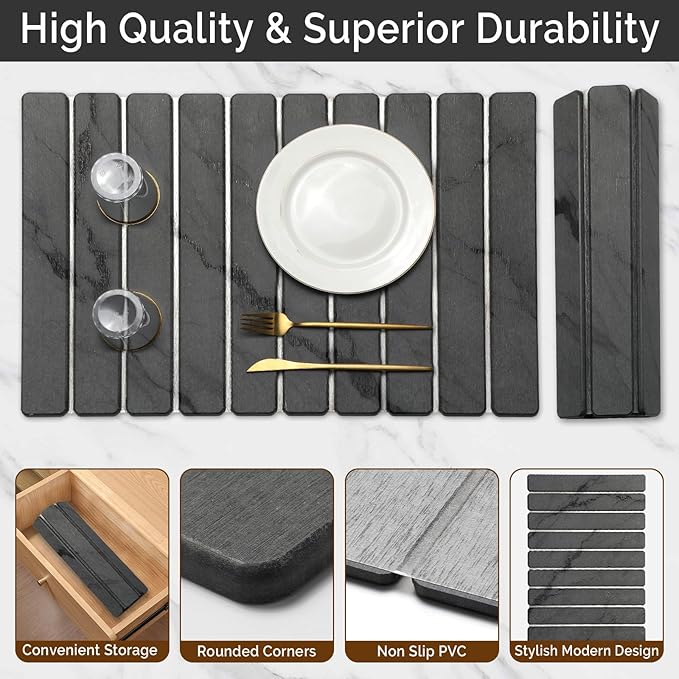 Large Stone Dish Drying Mat for Kitchen Counter, Quick Dry Stone Dishes Mats, Foldable Water Absorbing Diatomaceous Drying Pad for Countertop Bottles Utensils Cups Bathroom (Dark Gray 24"x16")