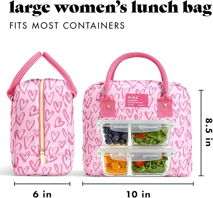 Fit & Fresh Bloomington Lunch Bag for Women - Insulated Large Lunch Box for Work with Containers, Leak-Resistant, Stain-Resistant, Zipper Closure, Pink Doodle Hearts