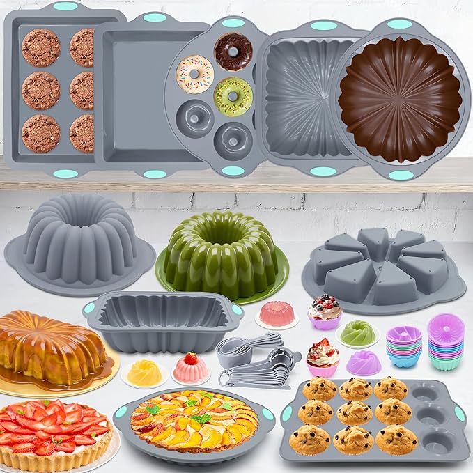 To encounter 51 Piece Silicone Baking Pan Set, Non-Stick Bakeware Set with Baking Pans, Reusable Donut Mold, Food-Grade Silicone Molds for Cakes, Cookies, Muffins, Bread, Light Grey