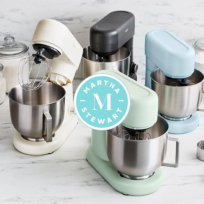 Martha Stewart Tilt-Head Stand Mixer, 12 Speed, 5.3QT Stainless Steel Bowl, Splash Guard with Pour Chute, Whisk, Dough Hook, Flat Beater, Electric Kitchen Baking Mixer, Bread, Cake, Whip, Sky Blue