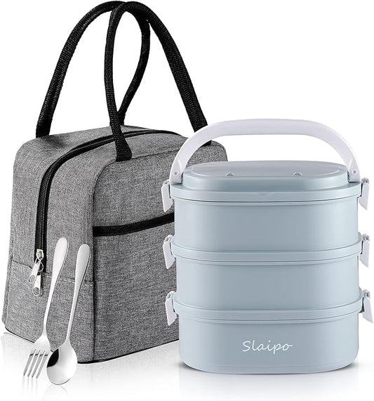 Bento Box Adult Lunch Box, Lunch Box for Men Women with Insulated Lunch Bag, Stainless Steel Salad Lunch Containers, Stackable Leakproof Lunch Kit(Blue)