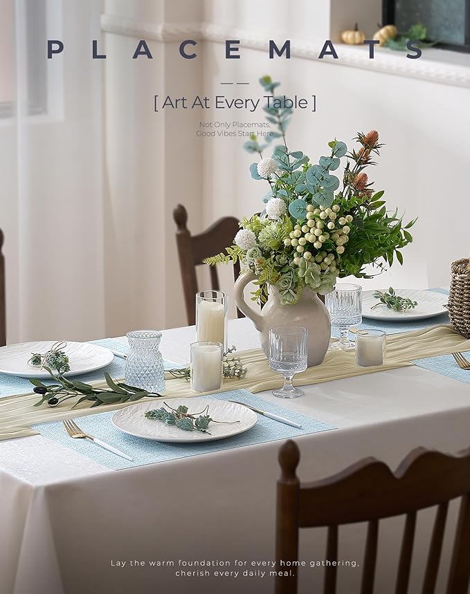 Leetaltree Soft Sky Blue Woven Placemats Set of 8 - Heat Resistant Non-Slip Place mats for Dining Table, Washable Durable PVC Vinyl Woven Table Mats(Sky Blue, 8)