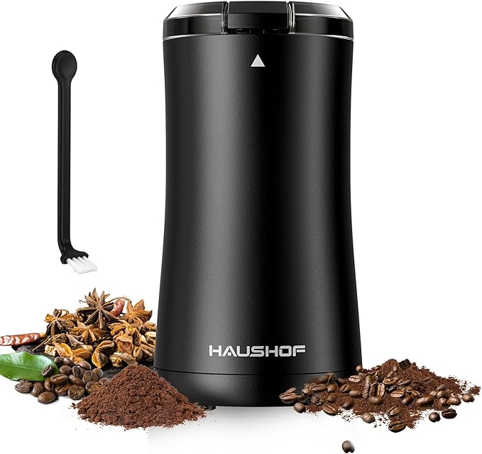 HAUSHOF Coffee Grinder Electric, One Touch Coffee Bean Grinder for Beans, Spices, Herbs and Seeds, Compact Design, with Clean Brush Black