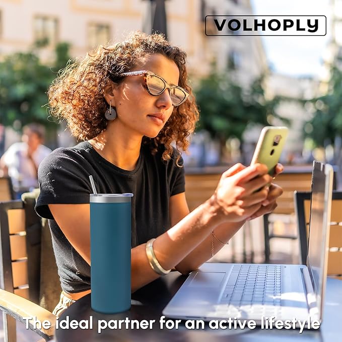 Volhoply 20 oz Skinny Tumbler with Lid and Straw, Stainless Steel Straight Tumblers Cup, Vacuum Insulated Coffee Mug for Home, Office, Travel, DIY (Dark Green,1 Pack)