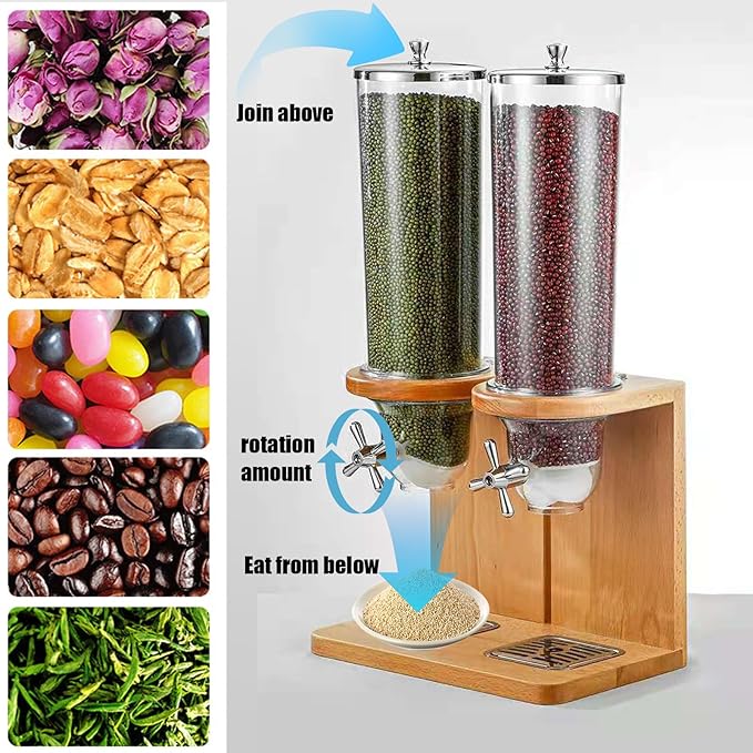 Easy Clean Cereal Dispenser Dry Food Dispenser Countertop Cereal Container Storage Dispenser with PC Bucket And Wooden Base,three barrel