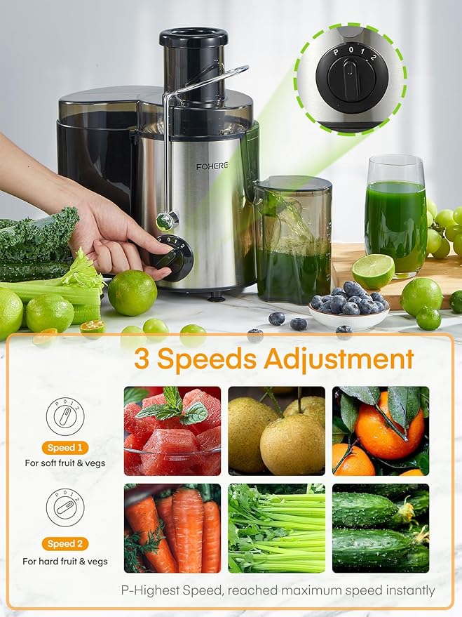 Juicer Machines, 600W Centrifugal Juicer with Wide Mouth 3” Feed Chute for Whole Vegetable and Fruit with 3-Speed Setting, Easy to Clean, BPA Free, High Yield Juice, Juice Recipe Included