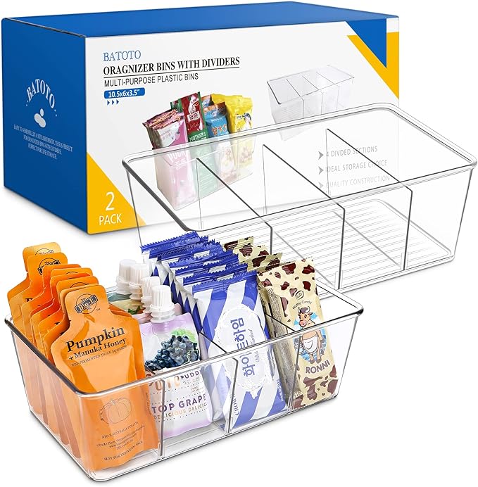 Batoto Pantry Organization and Storage Bins, Refrigerator Organizer Bins – Clear, Kitchen Organization and Storage with Dividers (2 Pack)