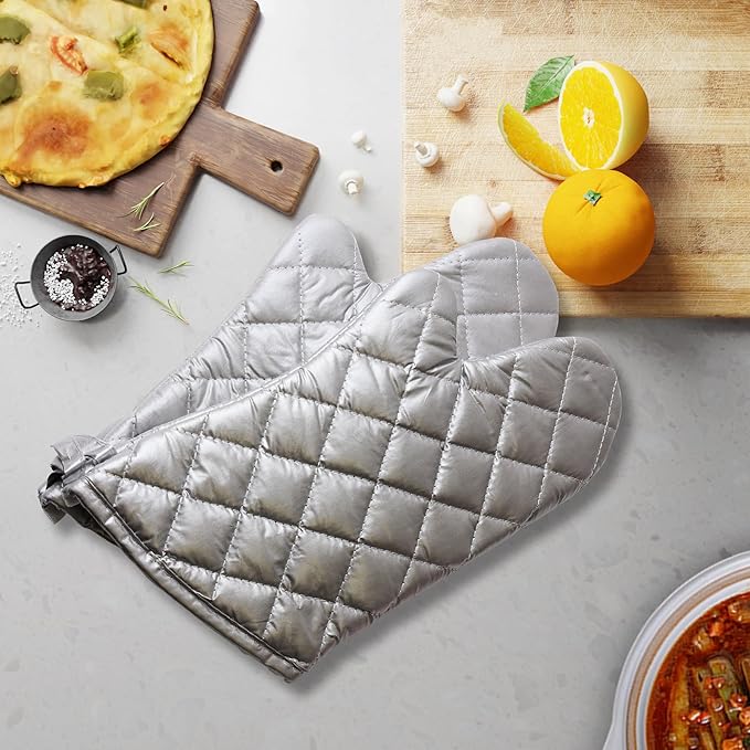 Silver Oven Mitts,Quilted Cotton Lining 13 Inch Oven Gloves,Heat Resistant for Kitchen Cooking,Grilling,Backing,Set of 2