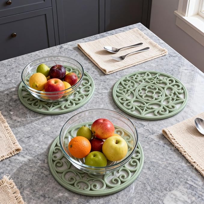 ME.FAN Trivets for Dishes/Pots/Pans, 3 Pcs Silicone Mats, Flexible/Durable/Non Slip Hot Pads to Protect Table and Counter Top (Desert Sage)