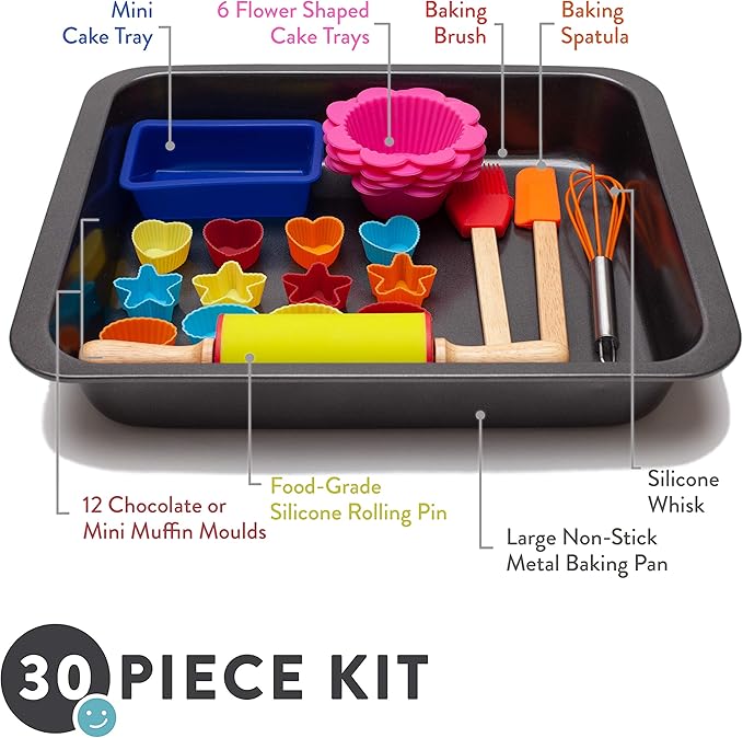 Pop Kid's 30-Piece Real Baking Tools For Kids Sized Cooking Bakeware Set with Silicone Cupcake Molds, Spatula, Whisk, Rolling Pin, Cake Pan for Learning Real Cooking and Baking tools, Child Gift