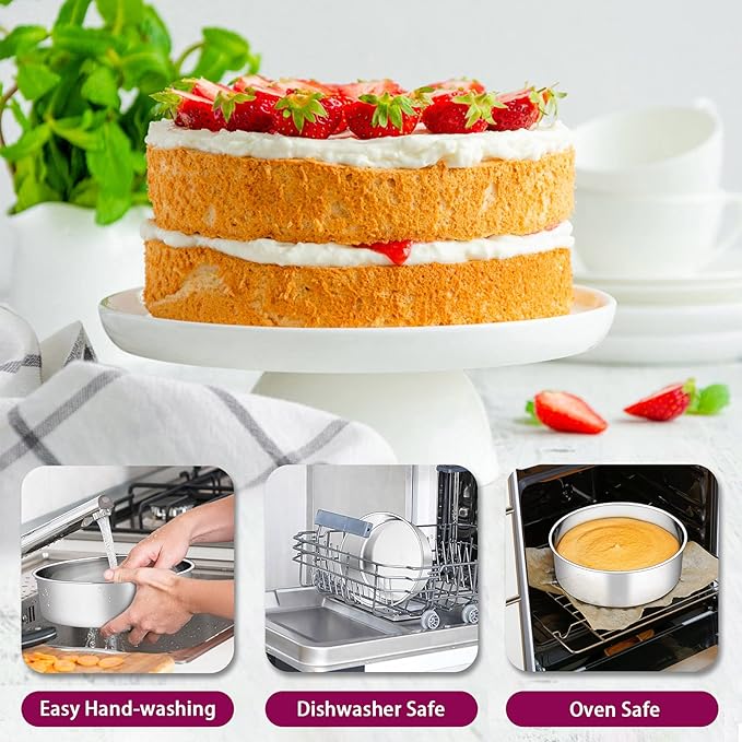 P&P CHEF 8 Inch Cake Pans Set, Round Baking Pan Stainless Steel Layer Birthday Wedding Cake Oven Pans, Non Toxic & Heavy Duty, Deep Side & Mirror Finish, Dishwasher Safe, (4Pcs)