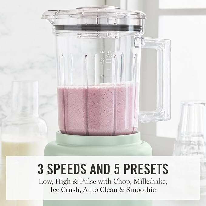 Martha Stewart 50oz Countertop Blender, Smoothie, Margarita & Ice Crushing Blender, BPA-Free Pitcher, 3 Speeds, 5 Presets, Auto-Clean Function, Dishwasher Safe, Stainless Steel Blades, Honeydew Green