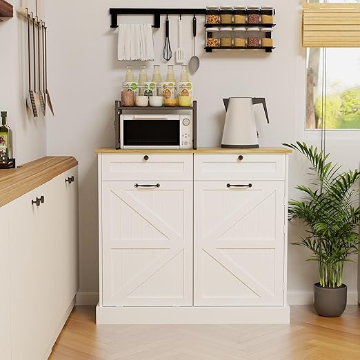 RASOO Trashcan Cabinet for Kitchens 10 Gallons Tilt Out Trash Recycling Cabinet with Hideaway Drawers, 1 Door with Storage Rack for Laundry Room, Pantry, Kitchen, White