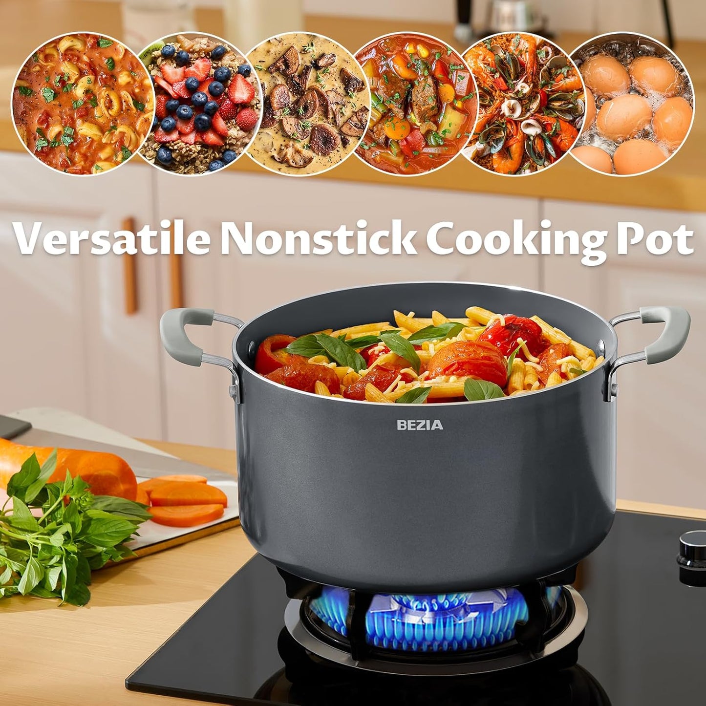 10 Quart Pot with Lid, BEZIA Ceramic Nonstick Stock Pot with Lid, Induction Ready, Large Cooking Pot with Silicone Handle, Compatible with All Cooktops, Dishwasher Safe