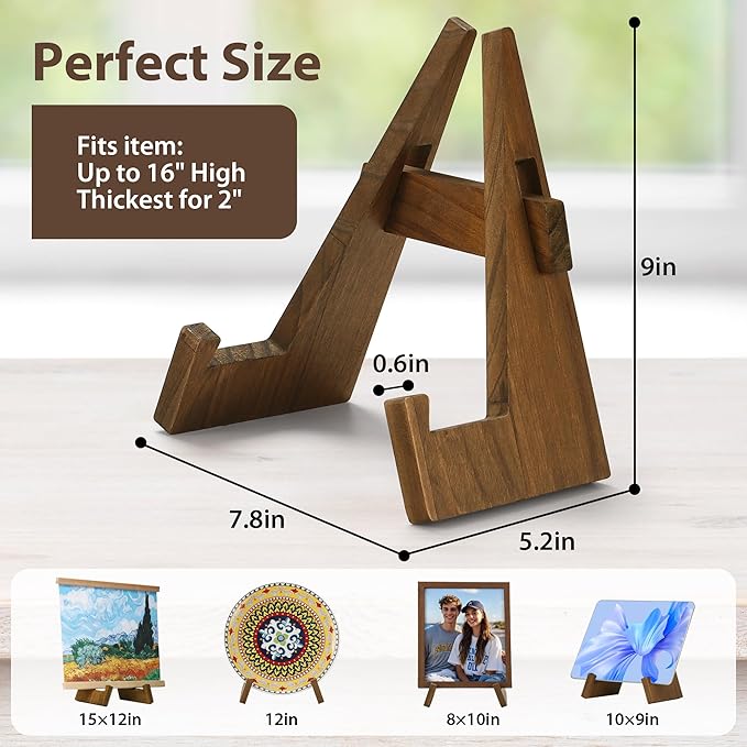 Wooden Plate Stand, 9 Inch Decorative Ornament Display Stand, Plate Holders for Displaying, Picture Frame Holder Stand, Cookbook Stand for Recipe Books, Photos & Collectibles