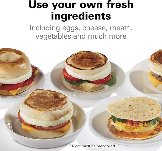 Hamilton Beach Breakfast Sandwich Maker with Egg Cooker Ring, Customize Ingredients & Breakfast Sandwich Maker with Egg Cooker Ring, Customize Ingredients