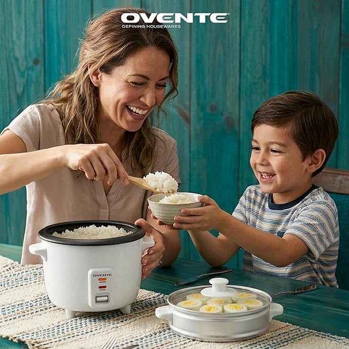 OVENTE Electric Rice Cooker and Food Steamer – 10-Cup Cooked Capacity (5 Cups Uncooked), Nonstick Removable Pot, Keep Warm Function, Steaming Basket, Measuring Cup & Spatula Included, White RCS01W