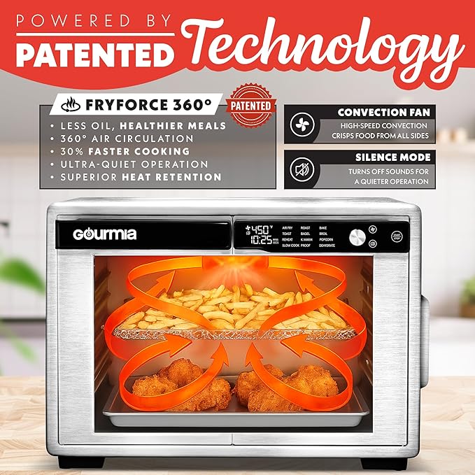Gourmia French Door Air Fryer Oven - 37 Qt Large Capacity Convection Toaster Oven, FryForce 360°, Digital Display, 12 Cooking Presets, Dehydrate, Fits 13” Pizza, Dishwasher-Safe, Stainless Steel