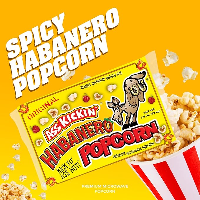 ASS KICKIN' Habanero Microwave Popcorn Bags - 6 Pack - Ultimate Spicy Popcorn Gourmet Gift - Makes a Great Movie Theater Popcorn or Snack Food for Movie Night